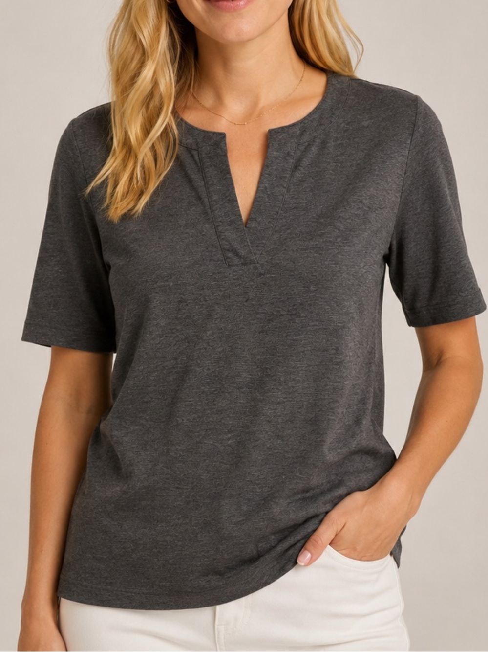Lands’ End Gray Notch Neck Top Small Half Sleeve Casual Tee